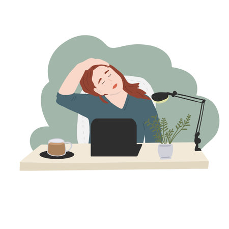 Working female cartoon stretching at workplaceのイラスト素材