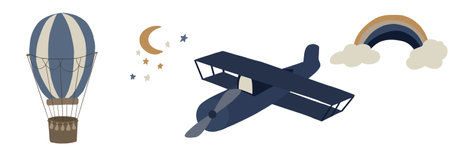 Set of hot air ballon and plane kids styleのイラスト素材