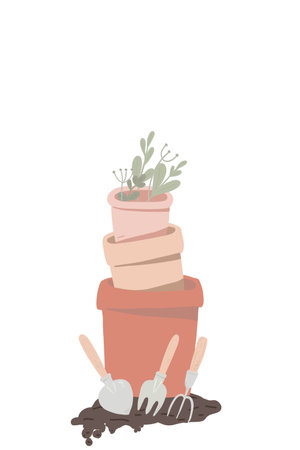 Gardens pots with gardening tools vector hand drawnのイラスト素材