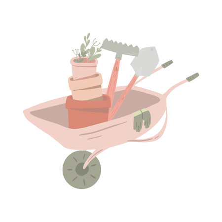 Gardening cart with pots flowers and shovelのイラスト素材