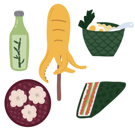 Collection of Korean food hand drawn vector set with octopus stickのイラスト素材