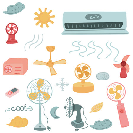 Set of fan electrical and manual AC air condition flat designのイラスト素材