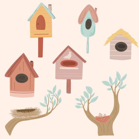 Nesting boxes birdhouse hand drawn setのイラスト素材