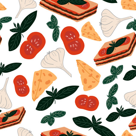 Italian pasta lasagna garlic tomato and basil seamless pattern hand drawnのイラスト素材