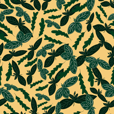 basil and green herbs hand drawn seamless patternのイラスト素材