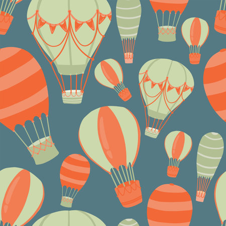 Hot air balloons hand drawn seamless pattern groovy retroのイラスト素材