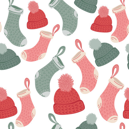 Christmas snowy socks and hats seamless patternのイラスト素材