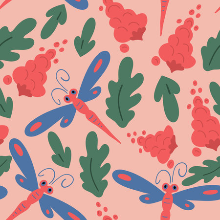 Dragonfly flowers and leaves flat design seamless patternのイラスト素材