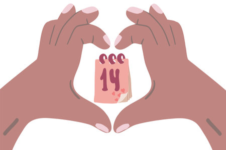 Dark skin hands with calendar 14 February flat designのイラスト素材