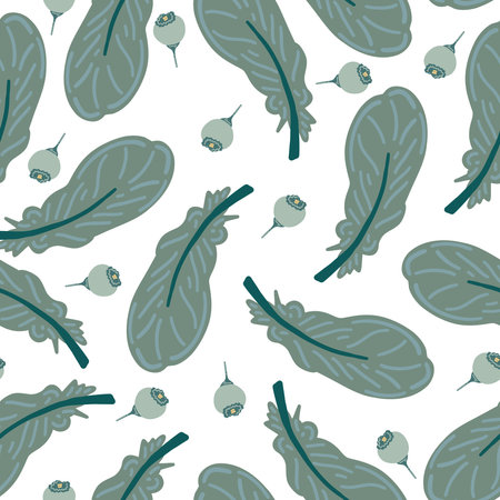 Birds feathers green pastel colour with forest berries seamless patternのイラスト素材