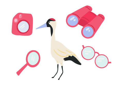 Bird watching set flat design with camera and craneのイラスト素材