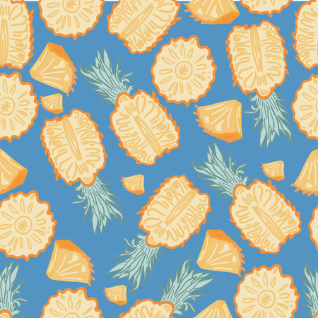 Blue background flat design seamless pattern with pineapplesのイラスト素材