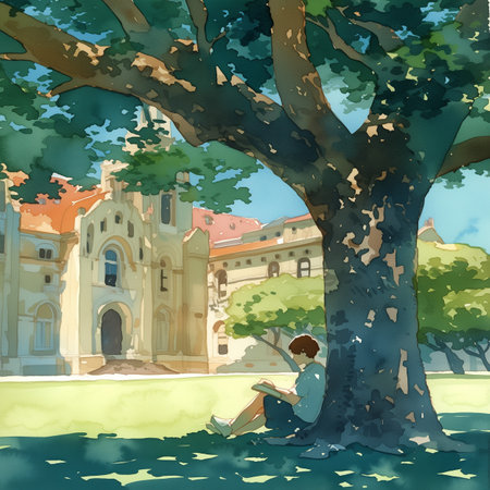 Boy student sitting under the tree AI generated set brochure Universityの写真素材