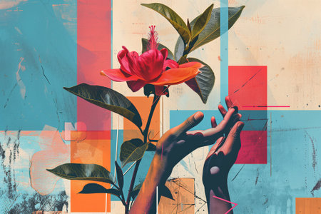 Hands and flower collage style background AI generatedの写真素材
