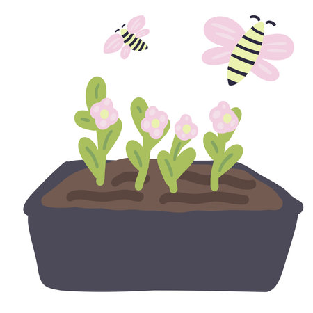 Grow your own flowers in a pot and bees green and pink flat designのイラスト素材