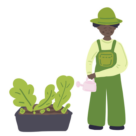 Grow your own flat design black skin man watering plantsのイラスト素材