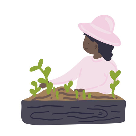 Black skin lady growing plants flat design setのイラスト素材