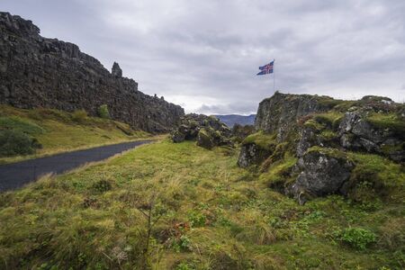 Iceland flag in the Thingvellir National Park in Icelandの写真素材