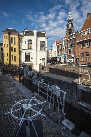 View of canal in Gouda, Netherlandsの写真素材