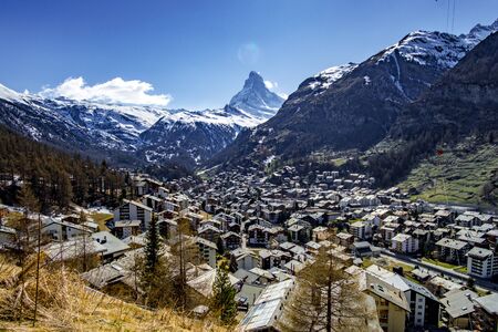 Panoramic view of the famous Matterhorn and Zermatt in the Swiss Alps, Switzerlandの写真素材