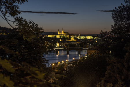 View of Prague Castle over Vltava river from Vysehrad Castle in the evening. Prague, Czech Republicのeditorial素材