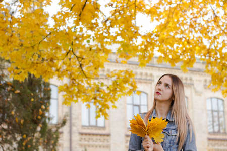 Warm lifestyle photo of a cute woman. Lady holds in her hand yellow leaves. Sunny autumn concept