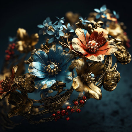 Beautiful bracelet with flowers on dark blue background, close-upの素材