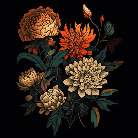Embroidery with chrysanthemums. Vector illustration.の素材