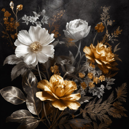 Vintage flowers on a black background. Floral composition. Vintage style.の素材