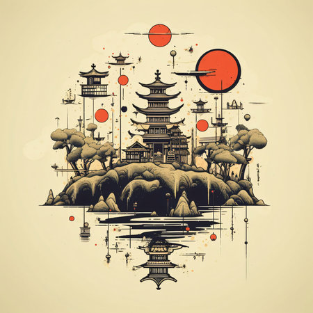 Vintage Minimalistic Abstract Japanese Wall Art | Oriental Zen Hangzhou China Landmark Global Travel And Journey vintage vector illustration.の素材