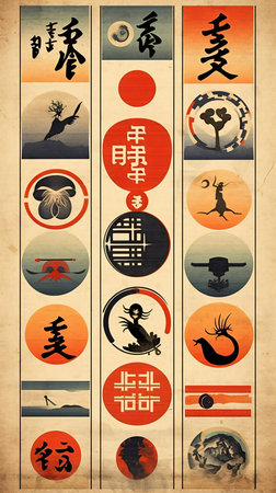 Vintage Minimalistic Abstract Japanese Wall Art | Oriental Zen Japanese New Year's card in retro style. Set of vector illustrations.の素材