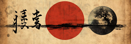 Vintage Minimalistic Abstract Japanese Wall Art | Oriental Zen Japan flag with japanese silhouette on grunge textured backgroundの素材