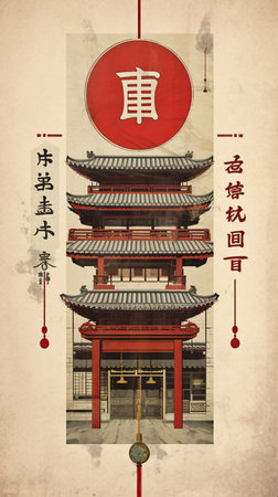Vintage Minimalistic Abstract Japanese Wall Art | Oriental Zen Traditional chinese style building on old paper texture background with Chinese characters.の素材