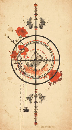 Vintage Minimalistic Abstract Japanese Wall Art | Oriental Zen Retro styled image of a target with arrows and flowers. Tattoo design.の素材