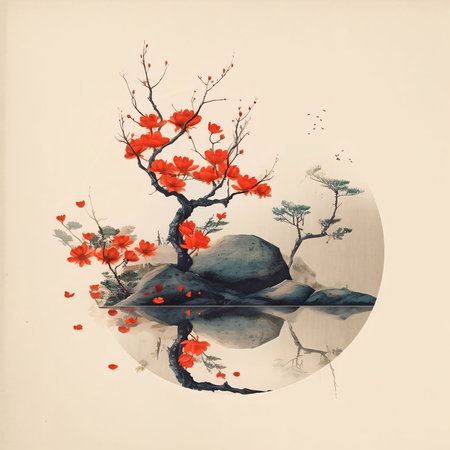 Vintage Minimalistic Abstract Japanese Wall Art | Oriental Zen Watercolor painting of a tree with red flowers on the water.の素材