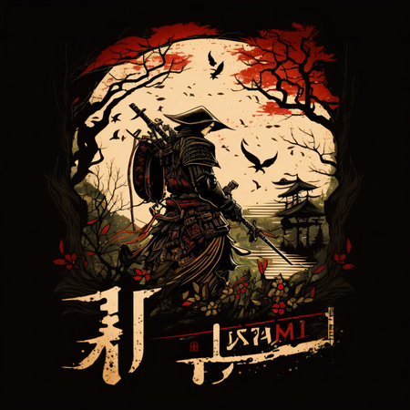 Vintage Abstract Japanese Samurai Wall Art | Fantasy Samurai Warrior Halloween background with a witch, vector illustration, eps10の素材