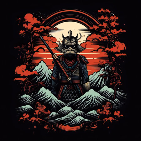 Vintage Abstract Japanese Samurai Wall Art | Fantasy Samurai Warrior Samurai warrior with sword in the forest on the full moon backgroundの素材