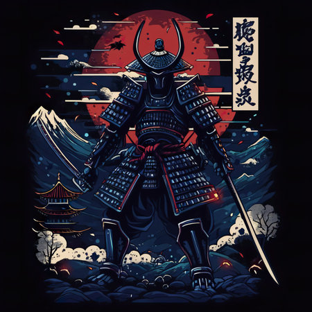 Vintage Abstract Japanese Samurai Wall Art | Fantasy Samurai Warrior Samurai warrior in armor and sword on the background of the moon.の素材