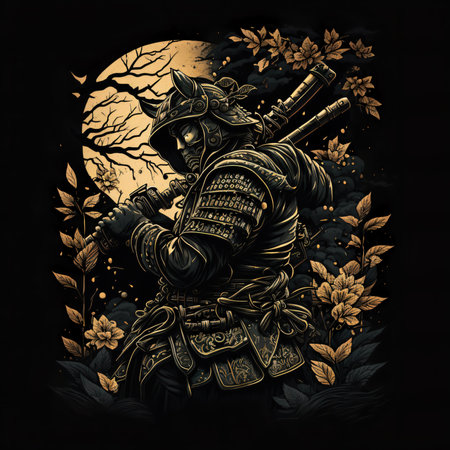 Vintage Abstract Japanese Samurai Wall Art | Fantasy Samurai Warrior Samurai in the forest at full moon night. Vector illustration.の素材