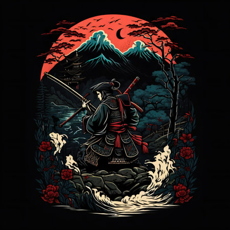 Vintage Abstract Japanese Samurai Wall Art | Fantasy Samurai Warrior Samurai on the background of the rising sun and mountains. Vector illustrationの素材
