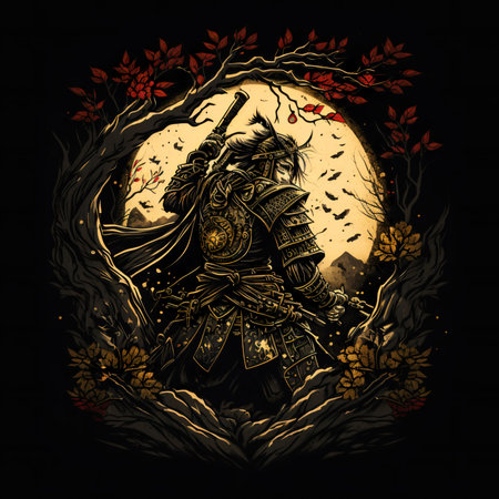 Vintage Abstract Japanese Samurai Wall Art | Fantasy Samurai Warrior Illustration of a witch with a broomstick on the background of the full moonの素材