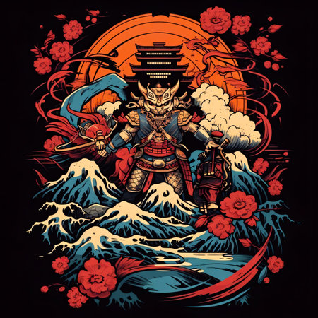 Vintage Abstract Japanese Samurai Wall Art | Fantasy Samurai Warrior Vector illustration of a samurai warrior in the background of the mountains.の素材