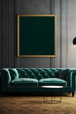 Classic interior with green sofa, coffee table and empty blackboard. Mock up, 3D Renderingの素材