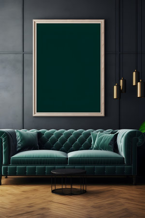 Dark living room interior with green velvet sofa, coffee table and blackboard. Mock up, 3D Renderingの素材