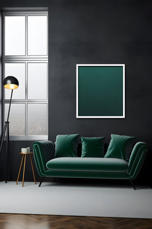 Interior of modern living room with black walls, wooden floor, green sofa and black mock up poster frame. 3d renderingの素材