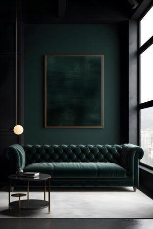 Interior of modern living room with dark green walls, concrete floor, comfortable green sofa, coffee table and mock up poster frame. 3d renderingの素材