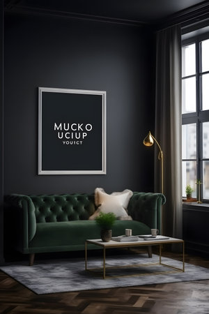 Interior of modern living room with black walls, concrete floor, dark green sofa standing near coffee table and window with blurry cityscape. Mock up poster frame. 3d renderingの素材