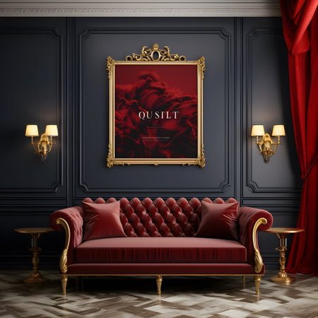 Classic interior with red sofa and golden frame on classic wall.Luxury furniture,3d renderの素材