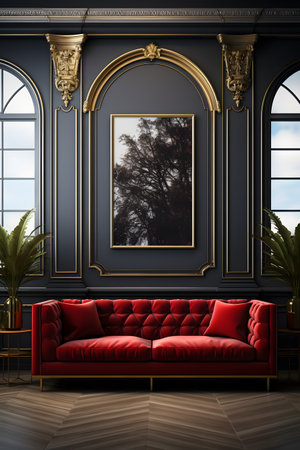 Luxury interior with red sofa in classic style. 3d renderの素材