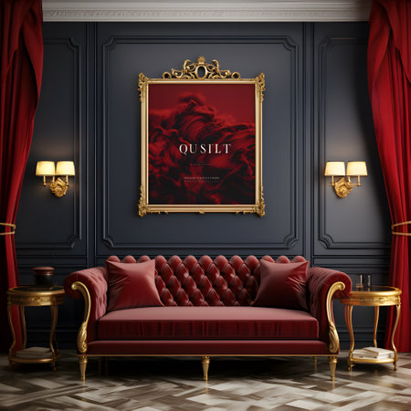 Classic interior with red sofa, golden armchair and black wall with red curtains. Mock up, 3D Renderingの素材